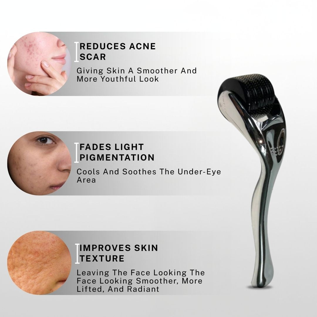 House of Beauty Derma Roller 0.5mm problem solution infographic showing reduction of acne scars for smoother more youthful look, fading light pigmentation by cooling and soothing under-eye area, and improving skin texture leaving face smoother more lifted and radiant