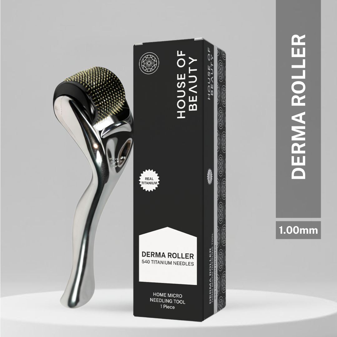 House of Beauty Derma Roller 0.75mm with 540 titanium needles for hair growth stimulation acne scar reduction and stretch mark improvement micro needling face and body tool