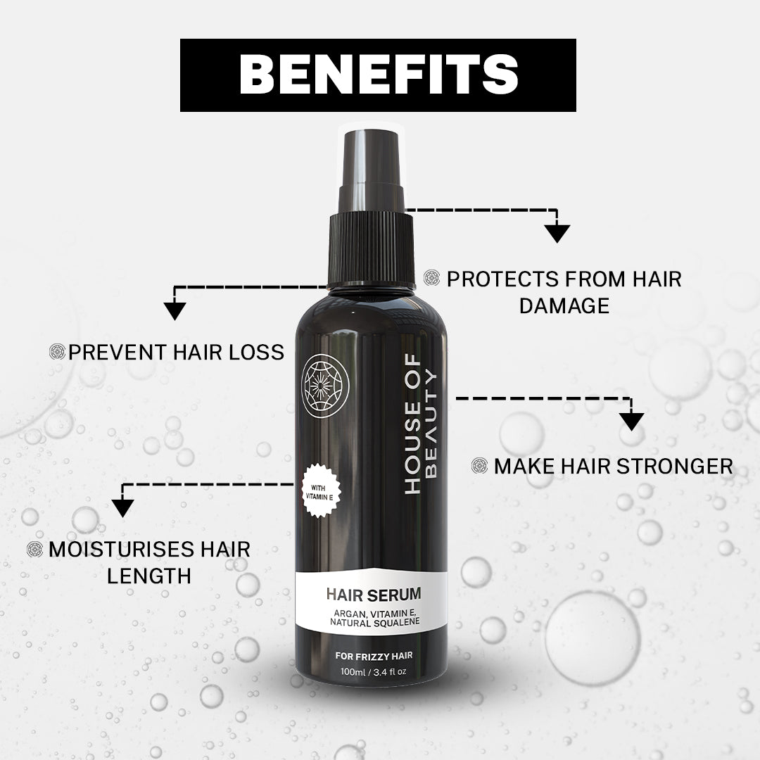 Benefits graphic for House of Beauty Hair Serum. Key benefits listed: Protects from hair damage, Prevents hair loss, Moisturizes hair length, and Makes hair stronger. Ingredients mentioned: Argan, Vitamin E, Natural Squalene.