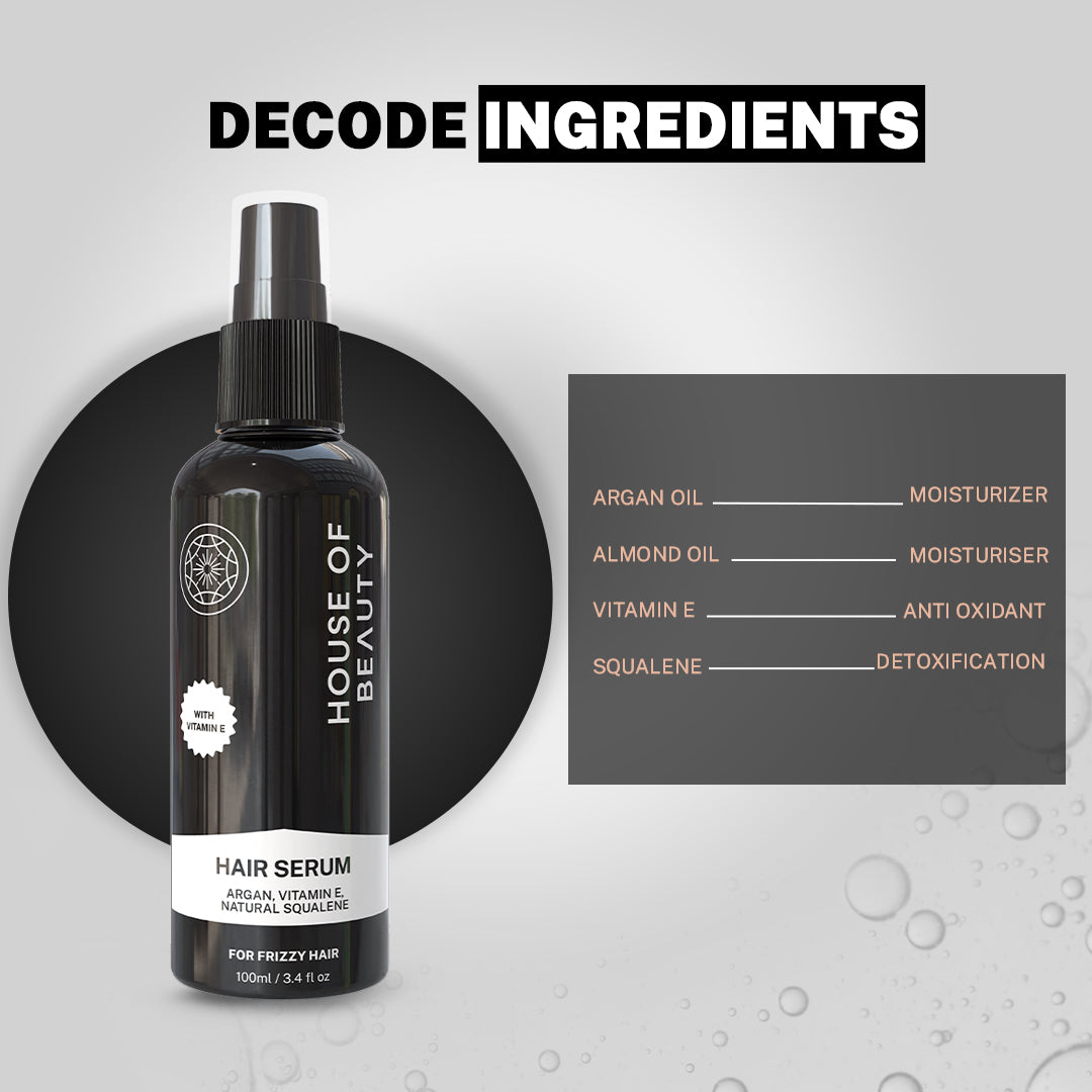 "Decode Ingredients" graphic for House of Beauty Hair Serum. Lists key ingredients and functions: Argan Oil (Moisturizer), Almond Oil (Moisturiser), Vitamin E (Anti Oxidant), and Squalene (Detoxification).