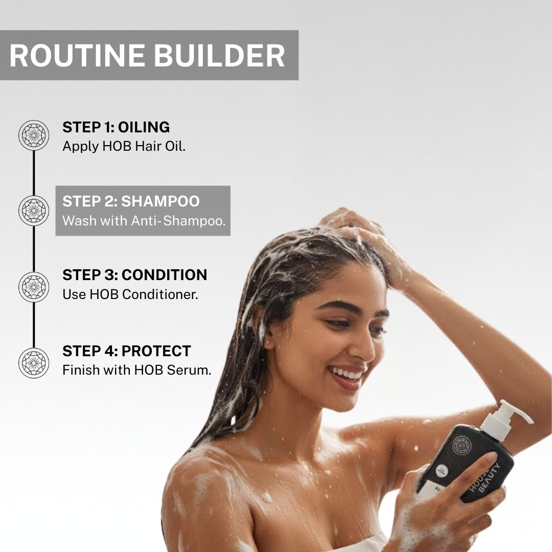Hair care routine steps including hair oiling, anti dandruff shampoo, conditioner and serum for healthy scalp and hair
