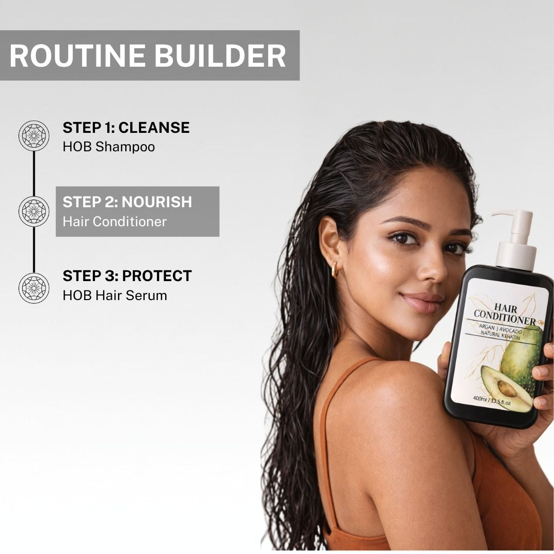 hair care routine using conditioner after shampoo and before serum for smooth healthy hair