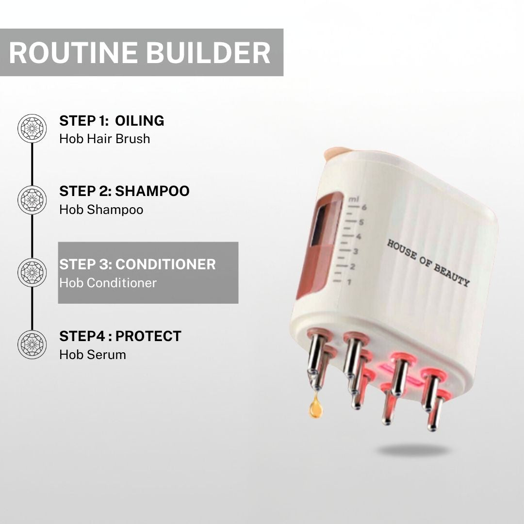 hair care routine with oiling shampoo conditioner and serum using led hair massager for better scalp health