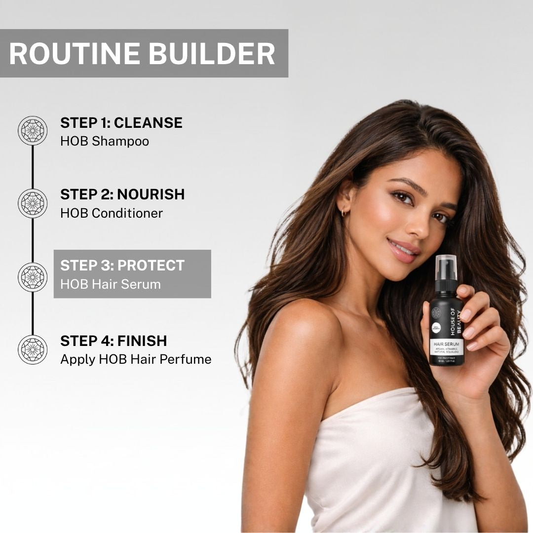 hair care routine using shampoo conditioner serum and hair perfume for smooth shiny hair