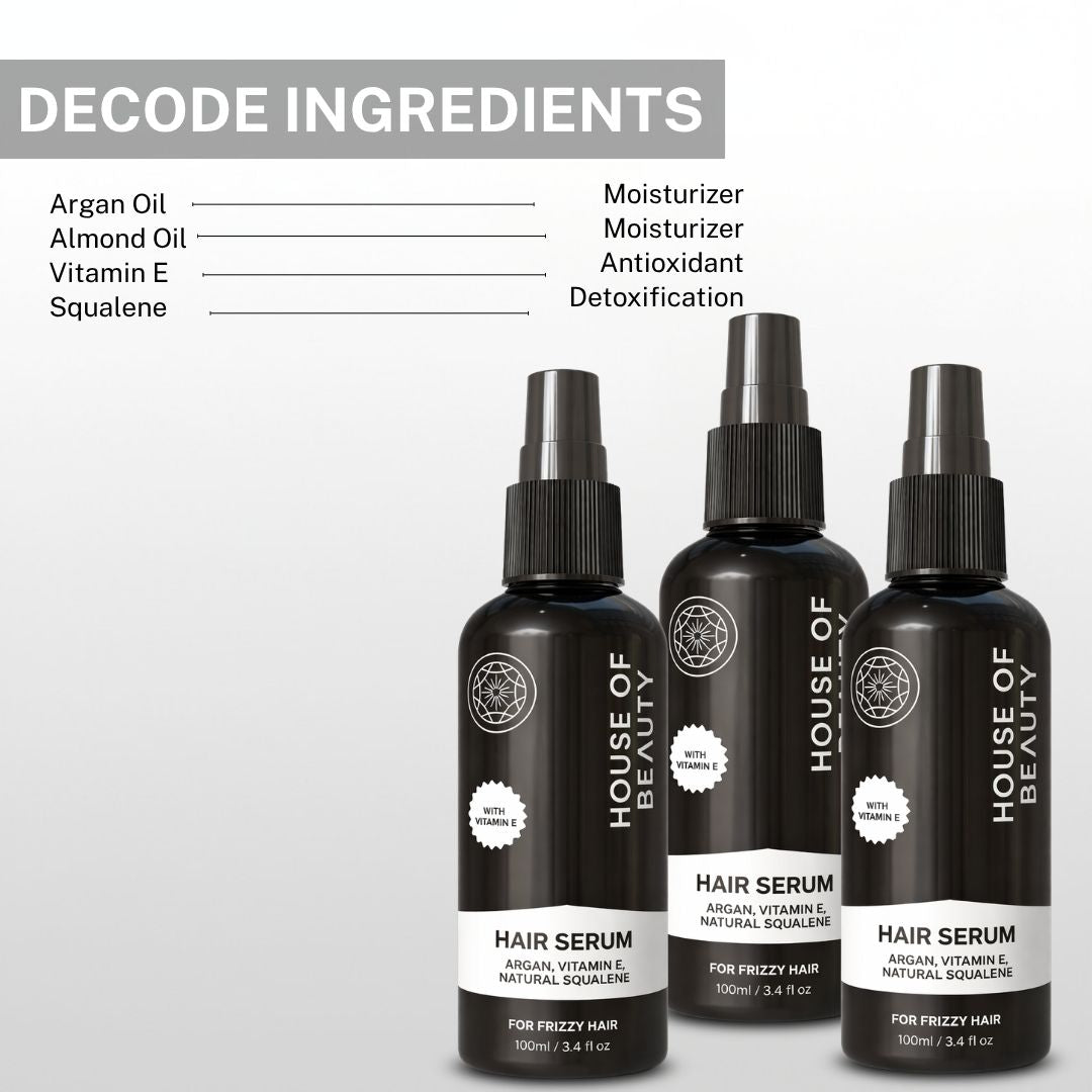 hair serum ingredients including argan oil almond oil vitamin e and squalene for hair nourishment