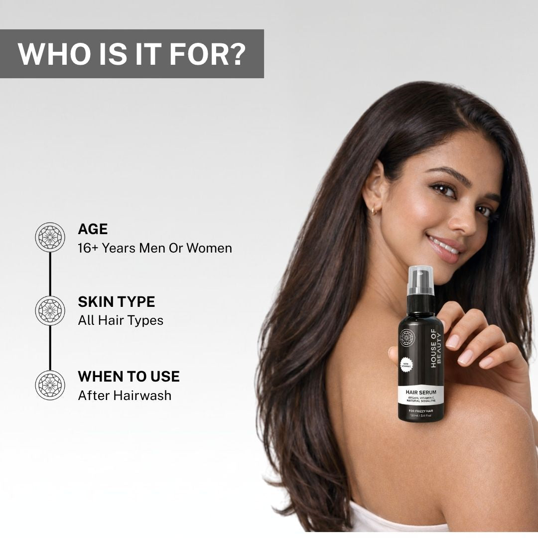 woman with smooth shiny hair using hair serum for frizz control and nourishment