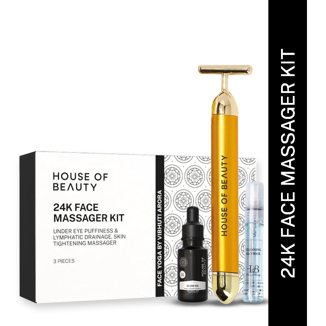 House Of Beauty India Face Tools 24K Face Massager Kit (3 pieces) Face Yoga gym Vibhuti Arora facegym Jade roller Guasha skingym Guasha Teacher Training Learn Yoga certified FaceTools Make up Anti ageing 24K Face Massager Kit (3 pieces)
