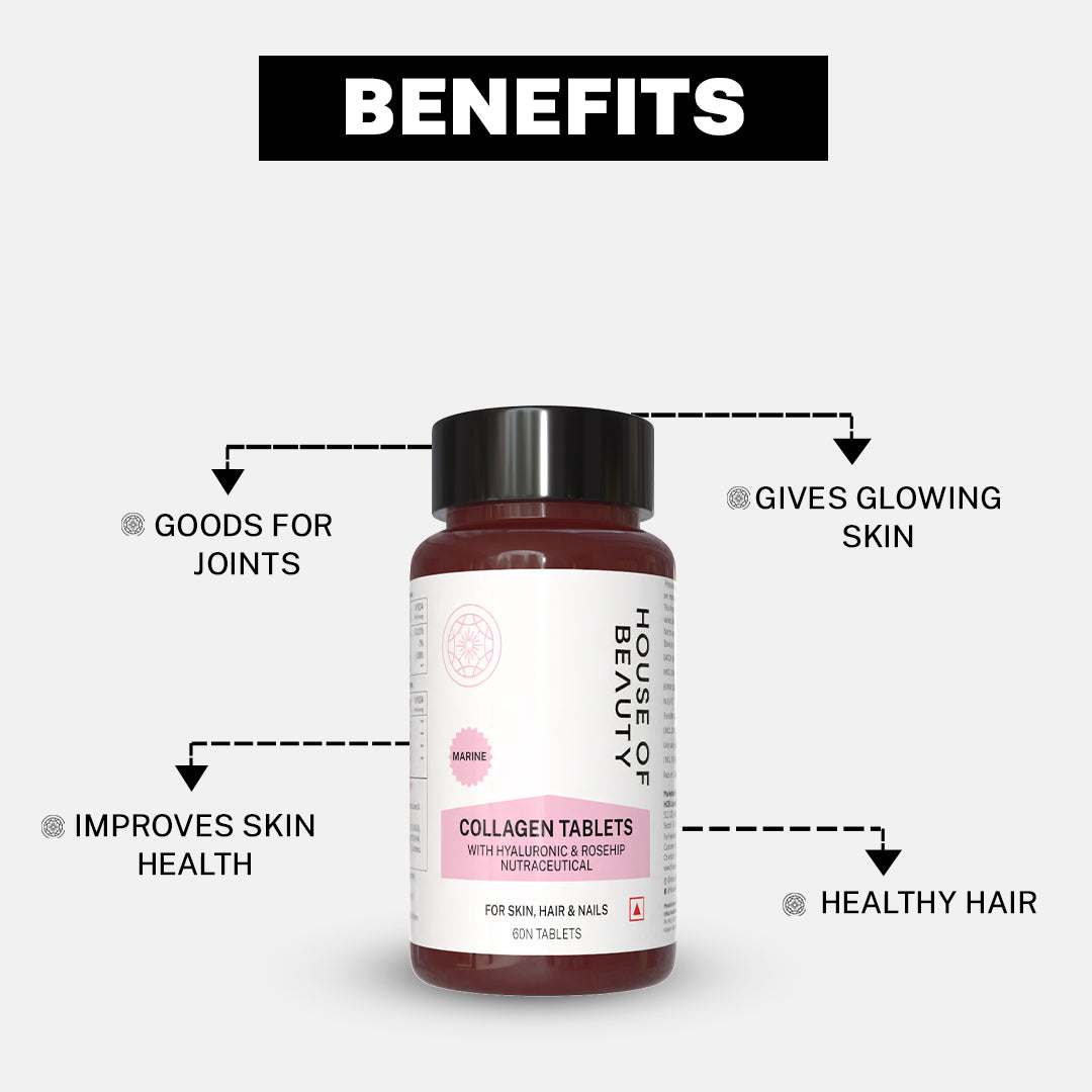 House Of Beauty India supplements Hydrolyzed Collagen w/t Hyaluronic & Rosehip (60 Tablets) Face Yoga gym Vibhuti Arora facegym Jade roller Guasha skingym Guasha Teacher Training Learn Yoga certified FaceTools Make up Anti ageing Hydrolyzed Collagen w/t Hyaluronic & Rosehip (60 Tablets)