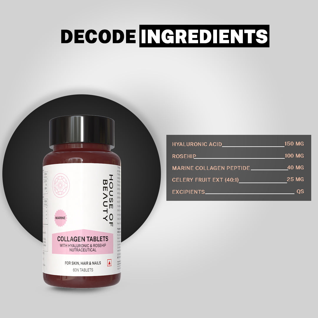 House Of Beauty India supplements Hydrolyzed Collagen w/t Hyaluronic & Rosehip (60 Tablets) Face Yoga gym Vibhuti Arora facegym Jade roller Guasha skingym Guasha Teacher Training Learn Yoga certified FaceTools Make up Anti ageing Hydrolyzed Collagen w/t Hyaluronic & Rosehip (60 Tablets)