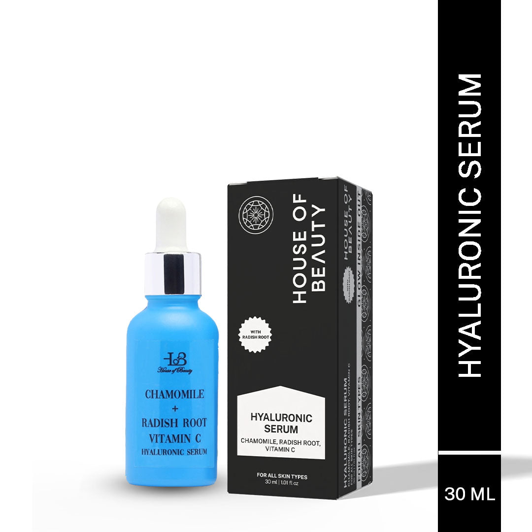House of Beauty India Hyaluronic Serum (30ml) with Chamomile, Promoting hydration, smoothness, and radiant glow. Paraben-free for suitable all skin types.