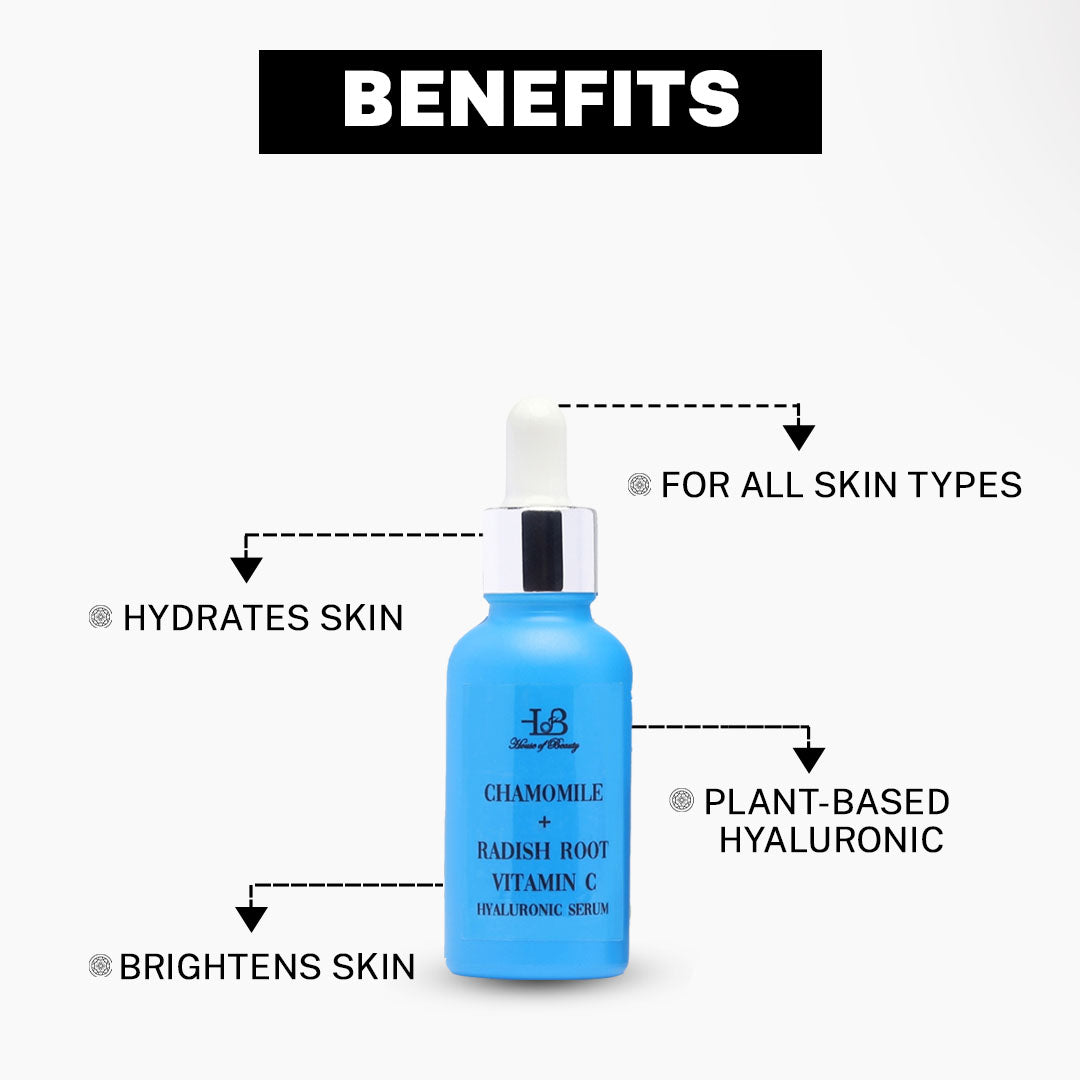 House of Beauty India Hyaluronic Serum (30ml) with Chamomile, Promoting hydration, smoothness, and radiant glow. Paraben-free for suitable all skin types.