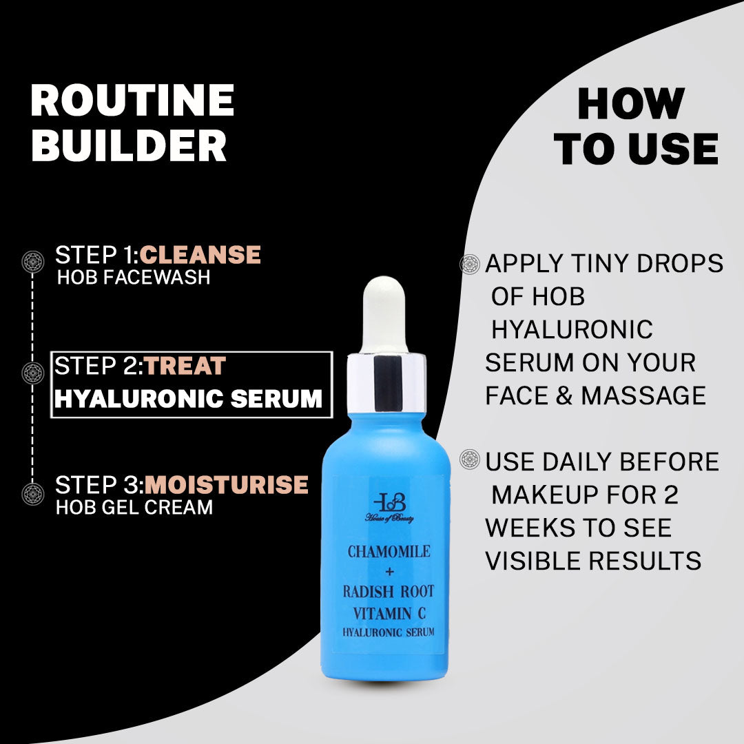 House of Beauty India Hyaluronic Serum (30ml) with Chamomile, Promoting hydration, smoothness, and radiant glow. Paraben-free for suitable all skin types.
