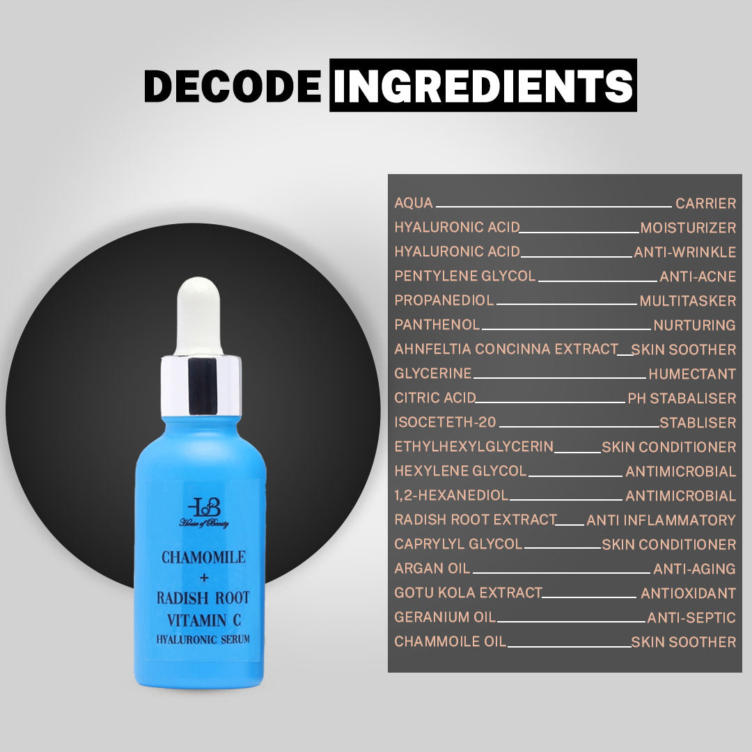 House of Beauty India Hyaluronic Serum (30ml) with Chamomile, Promoting hydration, smoothness, and radiant glow. Paraben-free for suitable all skin types.