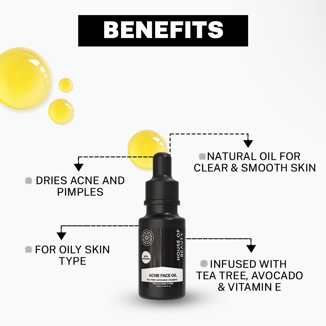 House of Beauty India Superfood Acne Oil Serum (10ml) a potent blend of tea tree oil, avocado oil, and vitamin E for clear, smooth, and acne free skin. Deep cleansing, anti-inflammatory, and antibacterial properties target acne at its root.