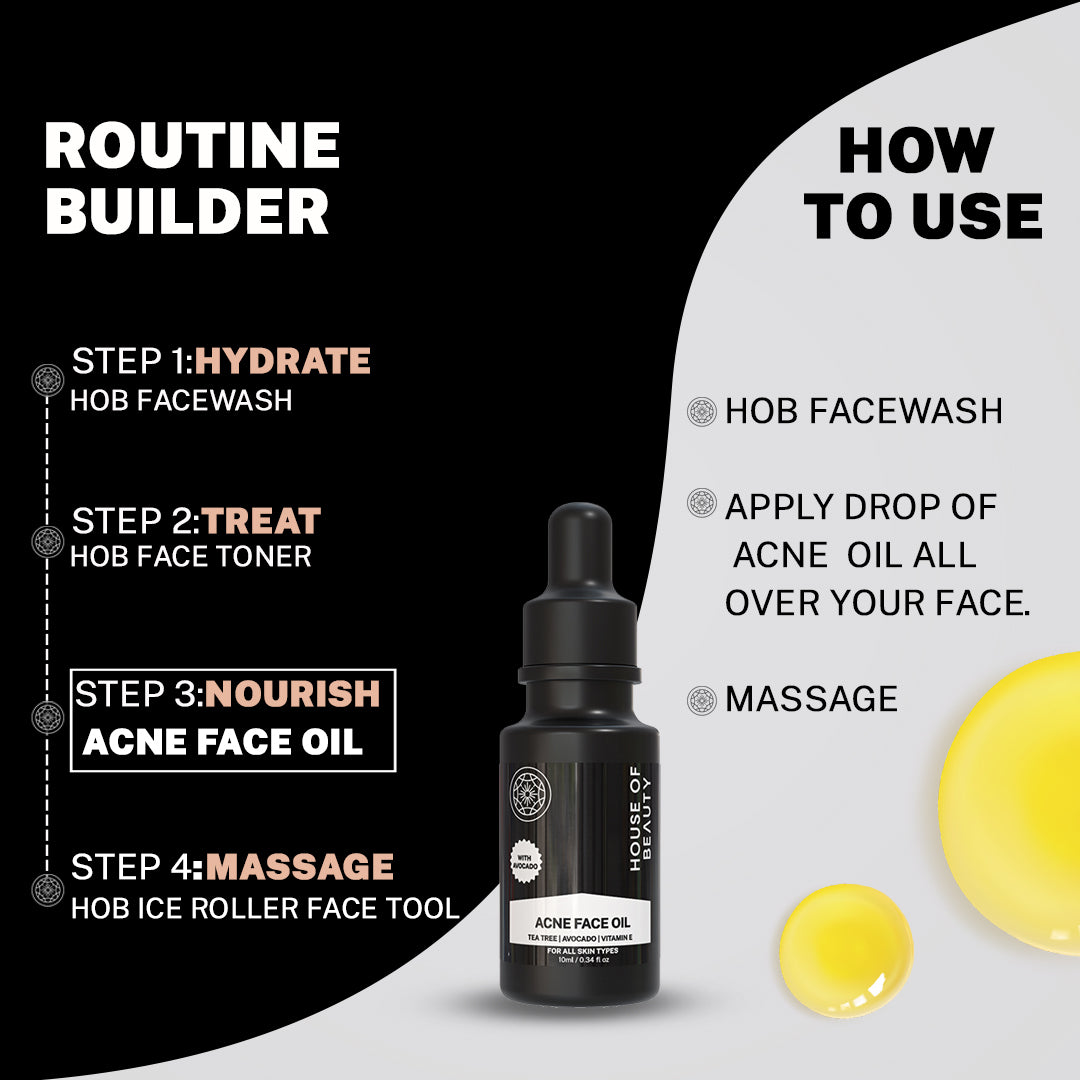 House of Beauty India Superfood Acne Oil Serum (10ml) a potent blend of tea tree oil, avocado oil, and vitamin E for clear, smooth, and acne free skin. Deep cleansing, anti-inflammatory, and antibacterial properties target acne at its root.