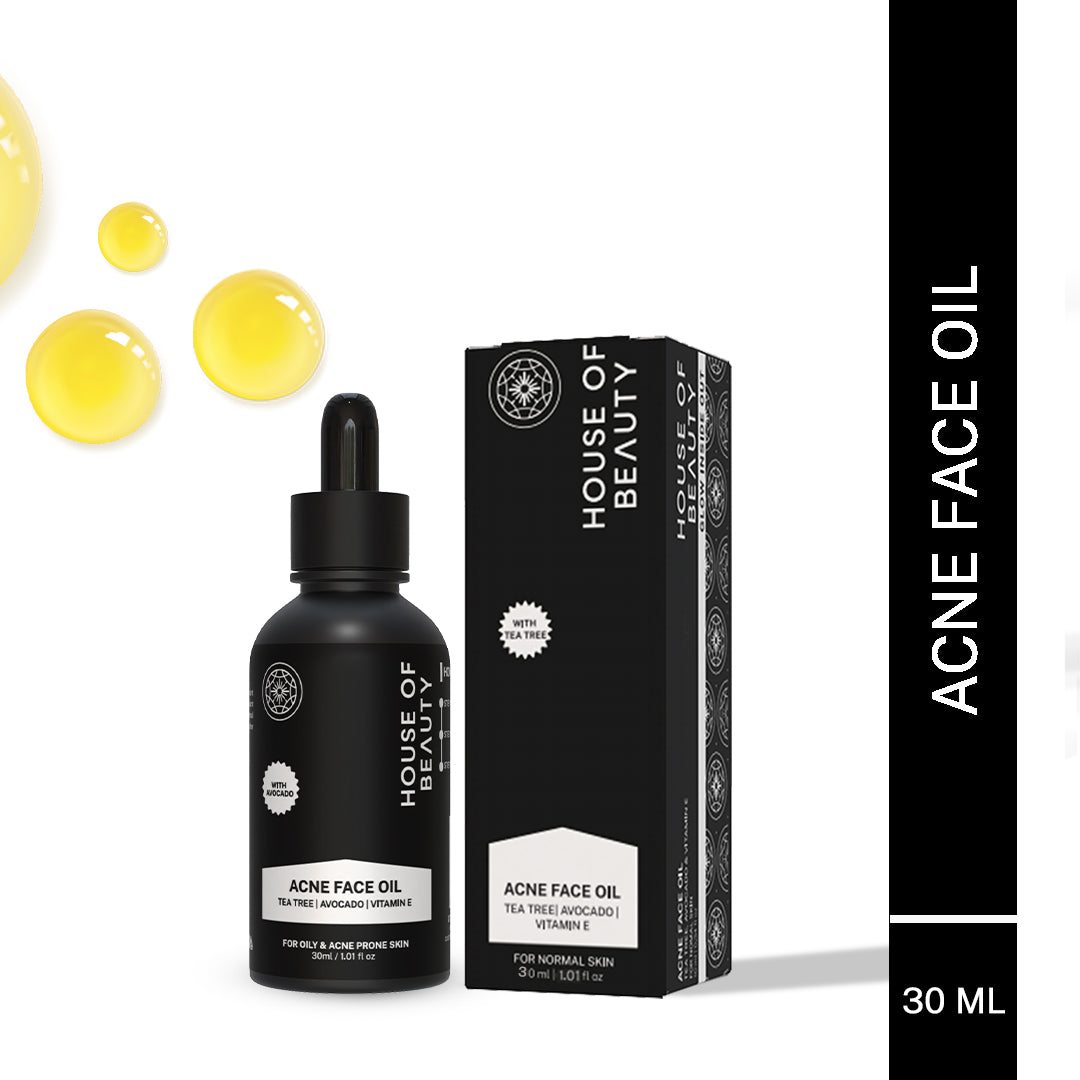 House of Beauty India Superfood Acne Oil Serum (30ml) a potent blend of tea tree oil, avocado oil, and vitamin E for clear, smooth, and acne free skin. Deep cleansing, anti-inflammatory, and antibacterial properties target acne at its root.