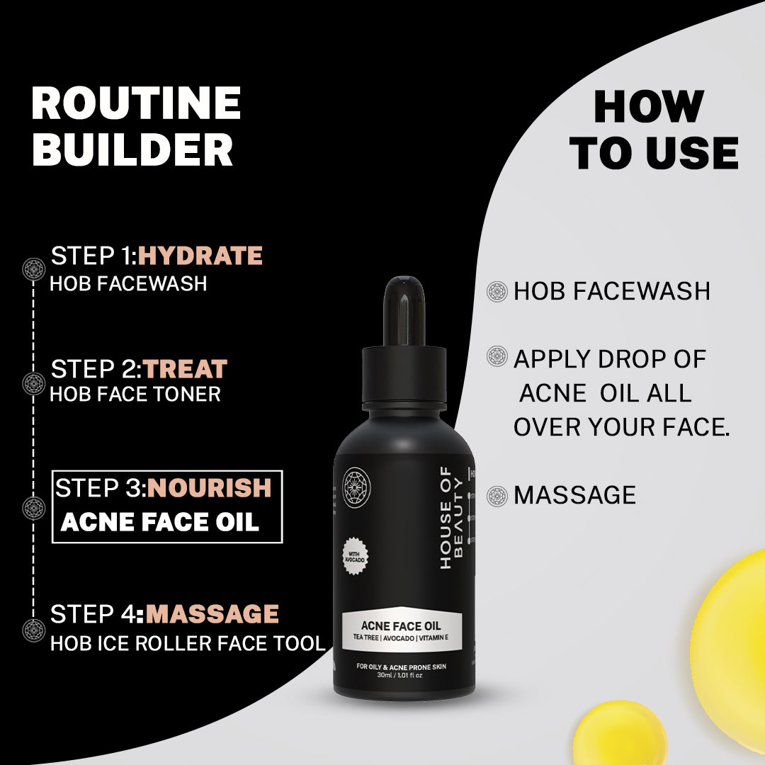 House of Beauty India Superfood Acne Oil Serum (30ml) a potent blend of tea tree oil, avocado oil, and vitamin E for clear, smooth, and acne free skin. Deep cleansing, anti-inflammatory, and antibacterial properties target acne at its root.