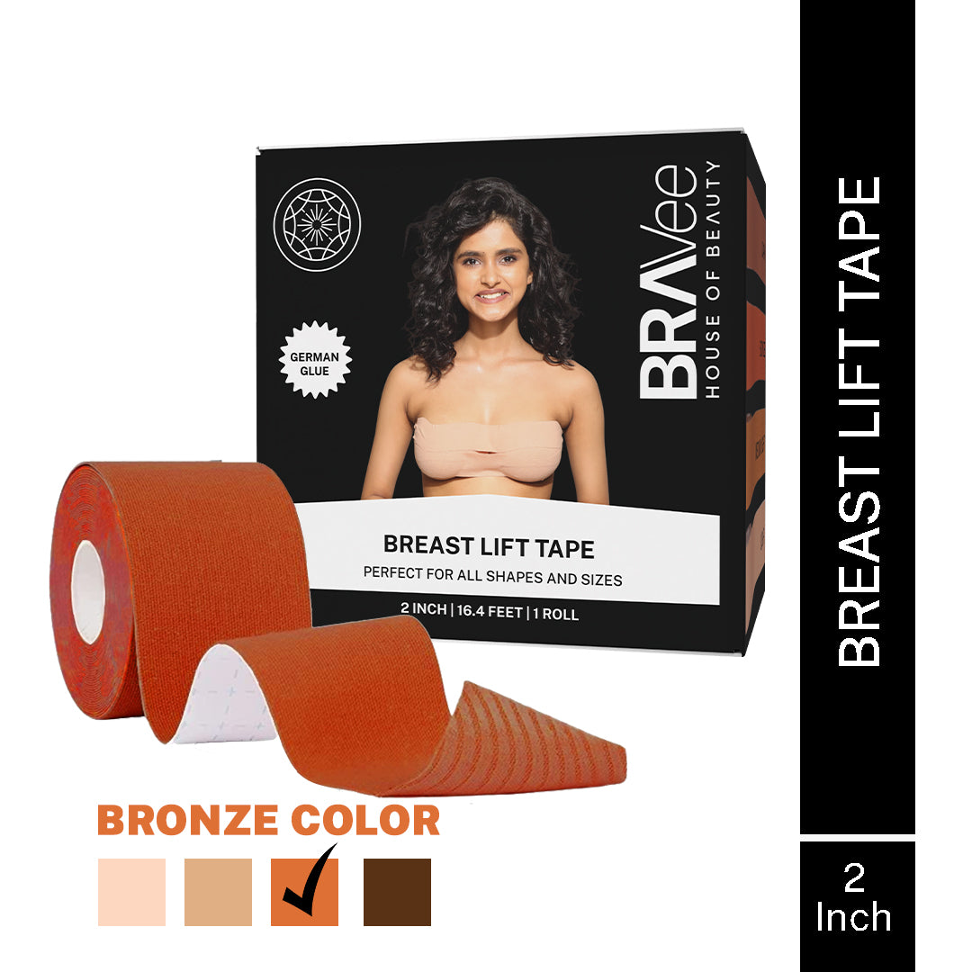 A product box for Bravee Breast Lift Tape, labeled "BRONZE COLOR" with the corresponding color swatch checked. The tape features "GERMAN GLUE" and is described as "PERFECT FOR ALL SHAPES AND SIZES," with dimensions of "2 INCH | 16.4 FEET | 1 ROLL.