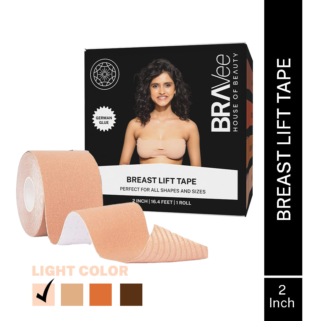 A product box for Bravee Breast Lift Tape, labeled "LIGHT COLOR" with the corresponding color swatch checked. The tape features "GERMAN GLUE" and is described as "PERFECT FOR ALL SHAPES AND SIZES," with dimensions of "2 INCH | 16.4 FEET | 1 ROLL."