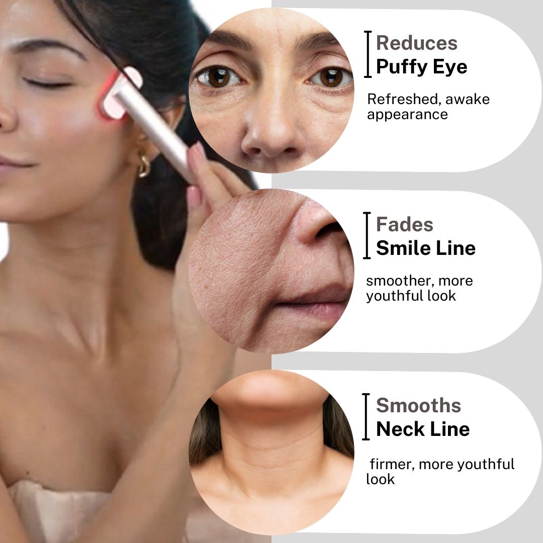 House of Beauty Electric Red Light LED Eye Massager, featuring red light therapy, heat therapy, sonic vibrations, and microcurrents, designed for reducing puffiness, dark circles, and enhancing collagen boosting