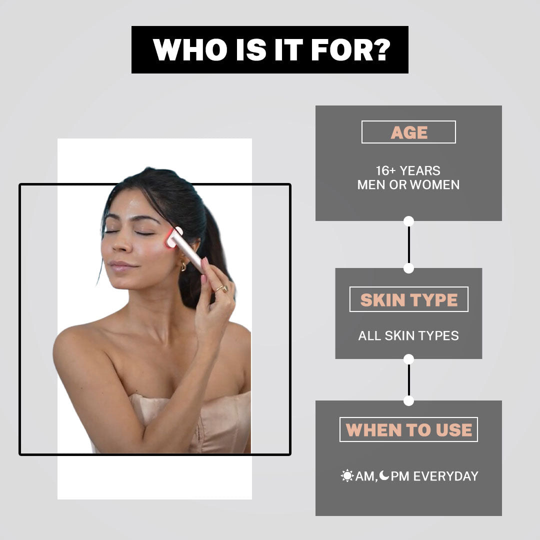 House of Beauty Electric Red Light LED Eye Massager, featuring red light therapy, heat therapy, sonic vibrations, and microcurrents, designed for reducing puffiness, dark circles, and enhancing collagen boosting