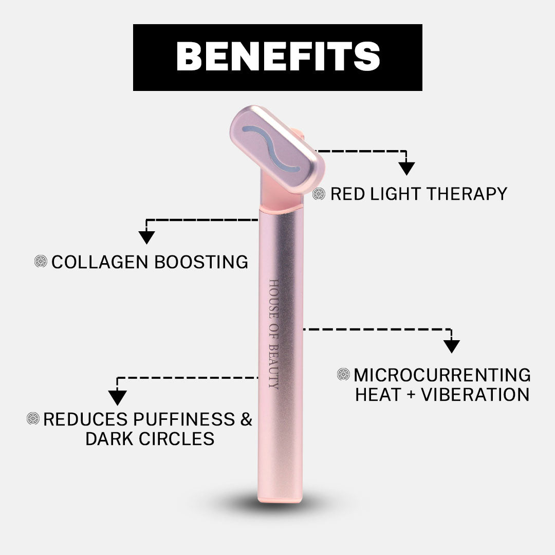 House of Beauty Electric Red Light LED Eye Massager, featuring red light therapy, heat therapy, sonic vibrations, and microcurrents, designed for reducing puffiness, dark circles, and enhancing collagen boosting
