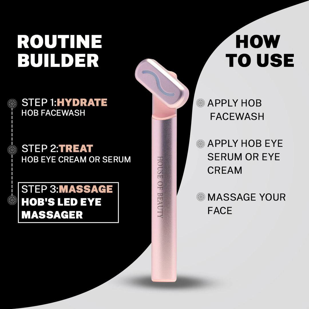 House of Beauty Electric Red Light LED Eye Massager, featuring red light therapy, heat therapy, sonic vibrations, and microcurrents, designed for reducing puffiness, dark circles, and enhancing collagen boosting