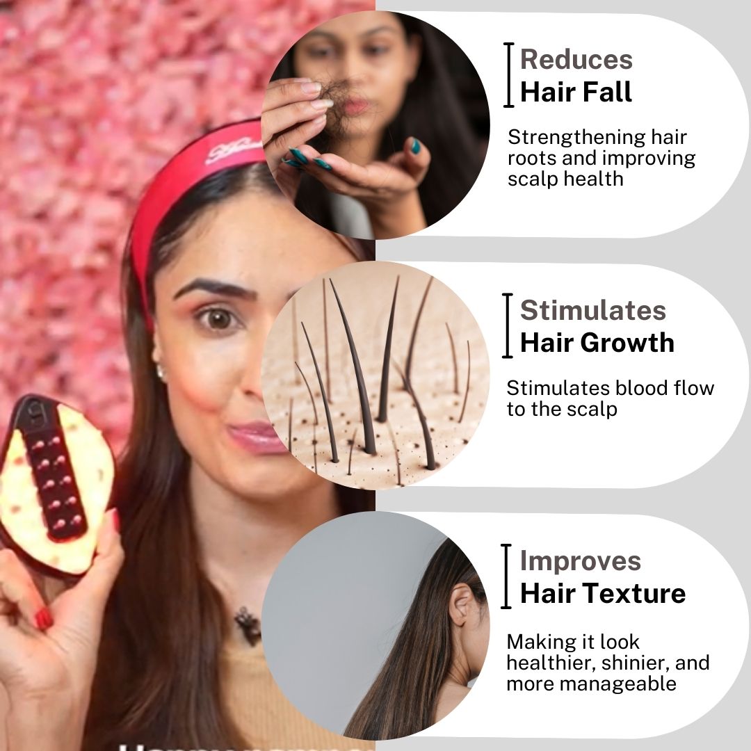Led photon hair comb brush with red & blue light treatment for scalp, dandruff and hair growth treatment 
Reduce hairfall at home with Hair tool and red light treatment affordable, trending cutting hair tool for scalp health. Blue and Red light combo better than Vega, Wahl, Agaro, and Havells, it’s perfect for addressing issues like hair thinning, dandruff, and dullness.Search trends such as "best LED hair growth massager in India," "scalp massager with light therapy," and "tools to reduce hair fall.