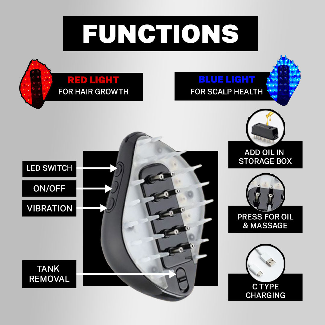 Led photon hair comb brush with red & blue light treatment for scalp, dandruff and hair growth treatment 
Reduce hairfall at home with Hair tool and red light treatment affordable, trending cutting hair tool for scalp health. Blue and Red light combo better than Vega, Wahl, Agaro, and Havells, it’s perfect for addressing issues like hair thinning, dandruff, and dullness.Search trends such as "best LED hair growth massager in India," "scalp massager with light therapy," and "tools to reduce hair fall.