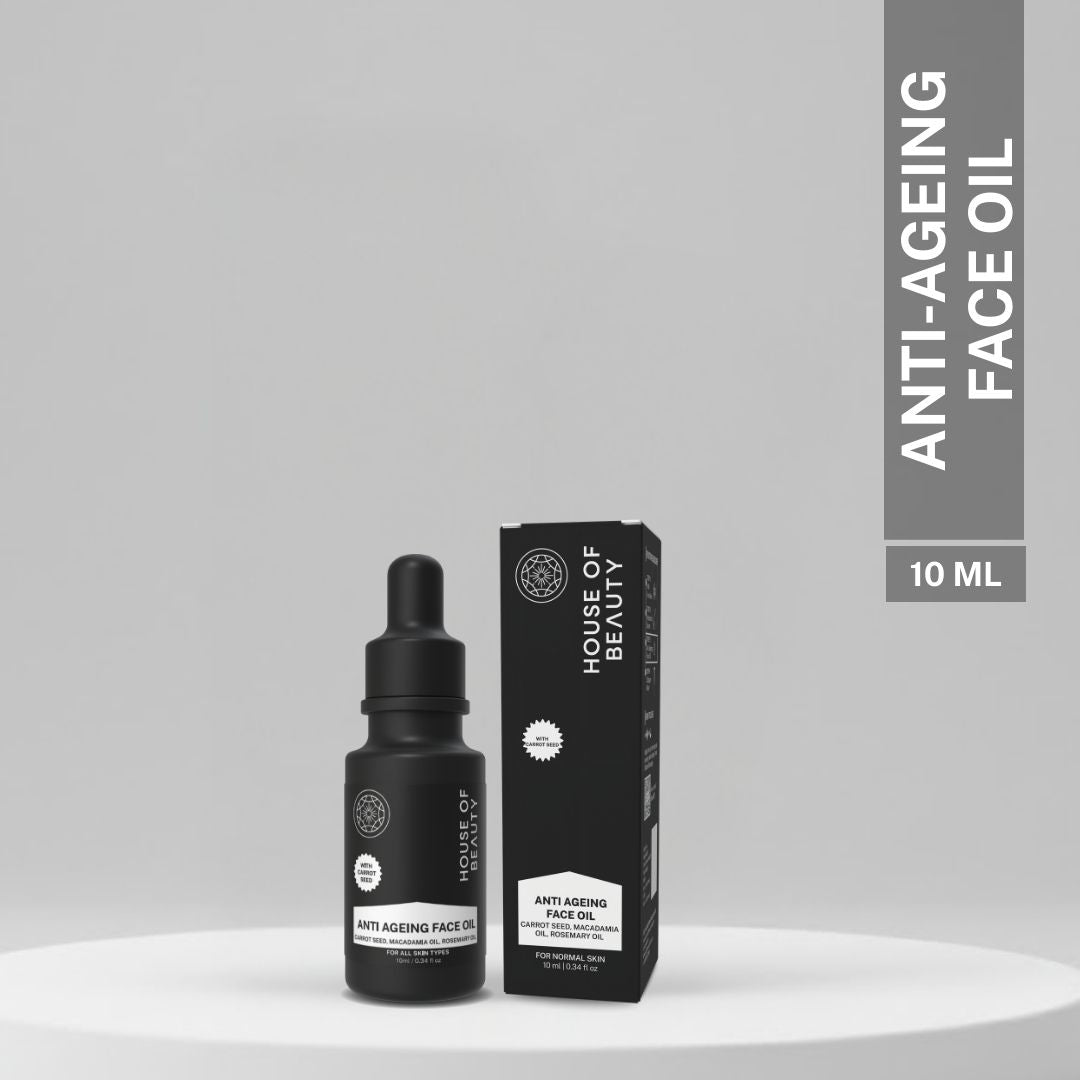 Anti-Ageing Face Oil 10ml mini bottle with packaging, formulated with carrot seed oil, macadamia oil and rosemary oil for normal skin.