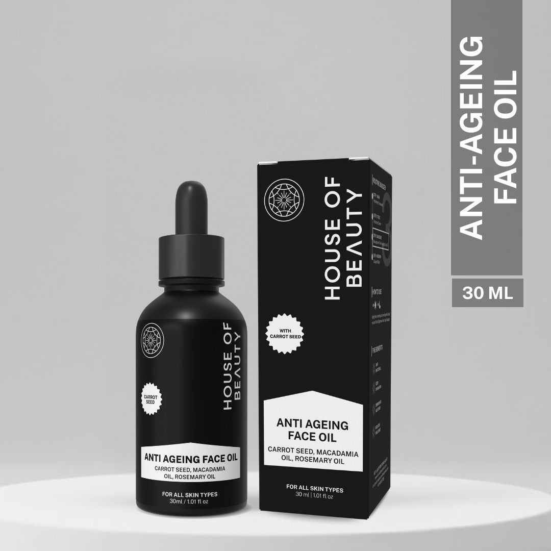 House of Beauty Anti-Ageing Face Oil 30ml bottle with dropper and outer box packaging, enriched with carrot seed, macadamia and rosemary oil for all skin types.