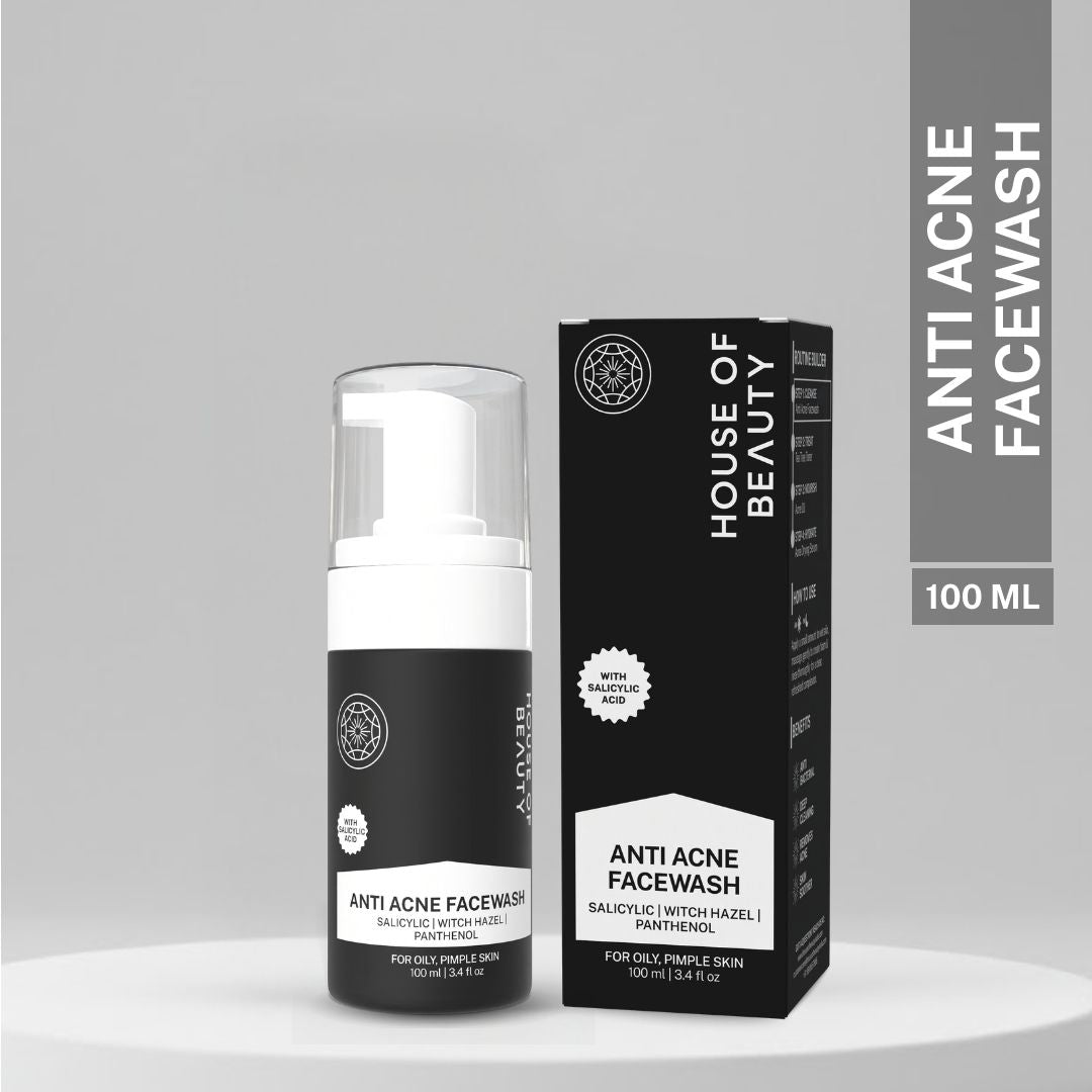 House of Beauty Anti Acne Facewash 100ml bottle with packaging box, formulated with salicylic acid, witch hazel, and panthenol for oily and pimple-prone skin.