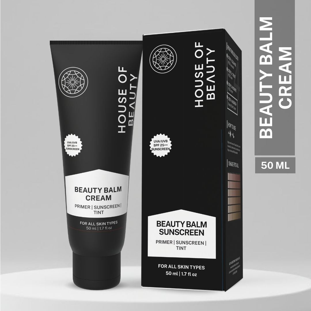 House of Beauty Beauty Balm Cream SPF 25+ in 50ml tube with outer box packaging, all-in-one primer, sunscreen and tinted cream for all skin types.