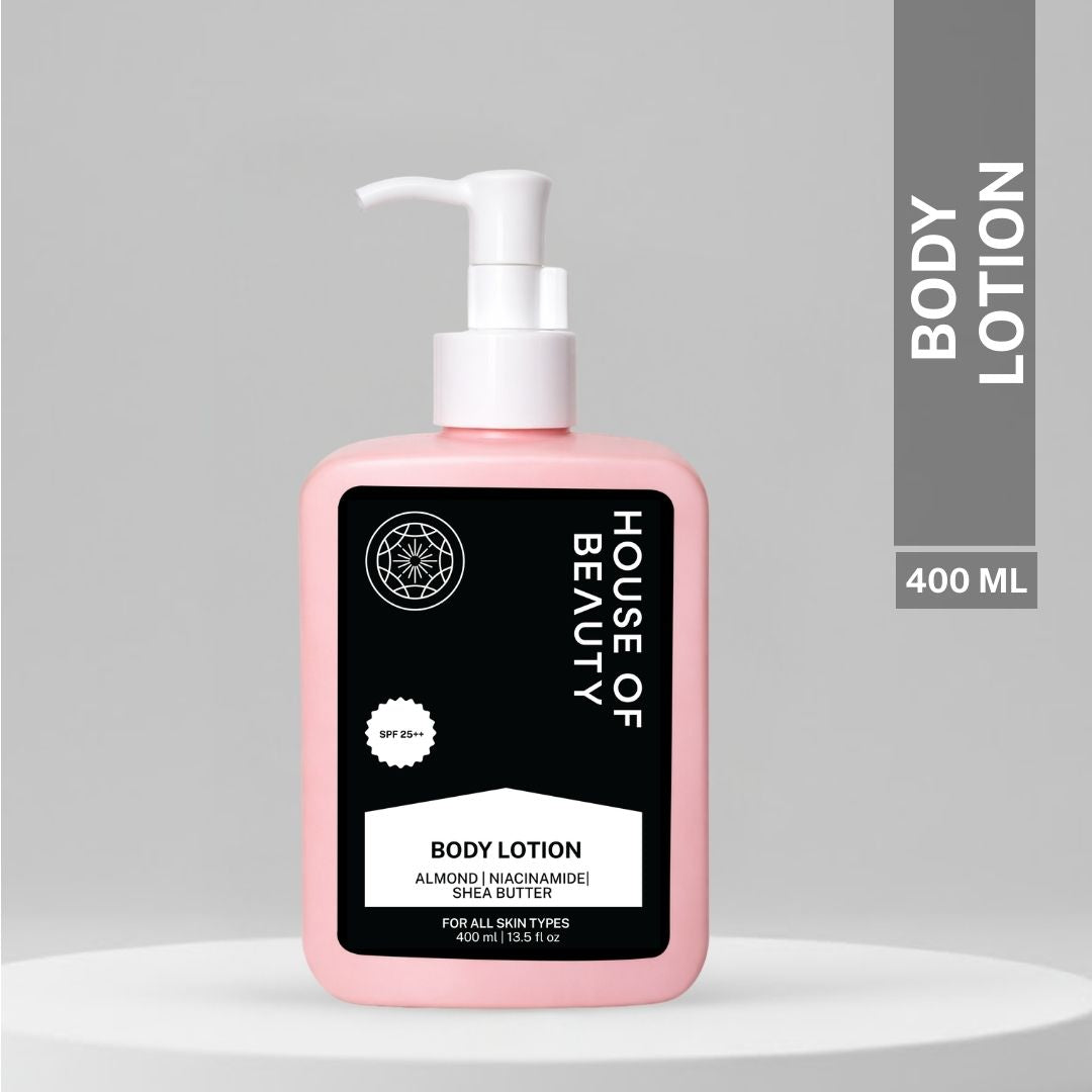 House of Beauty moisturizing body lotion with almond oil, niacinamide and shea butter SPF 25++ pump bottle 400 ml for all skin types