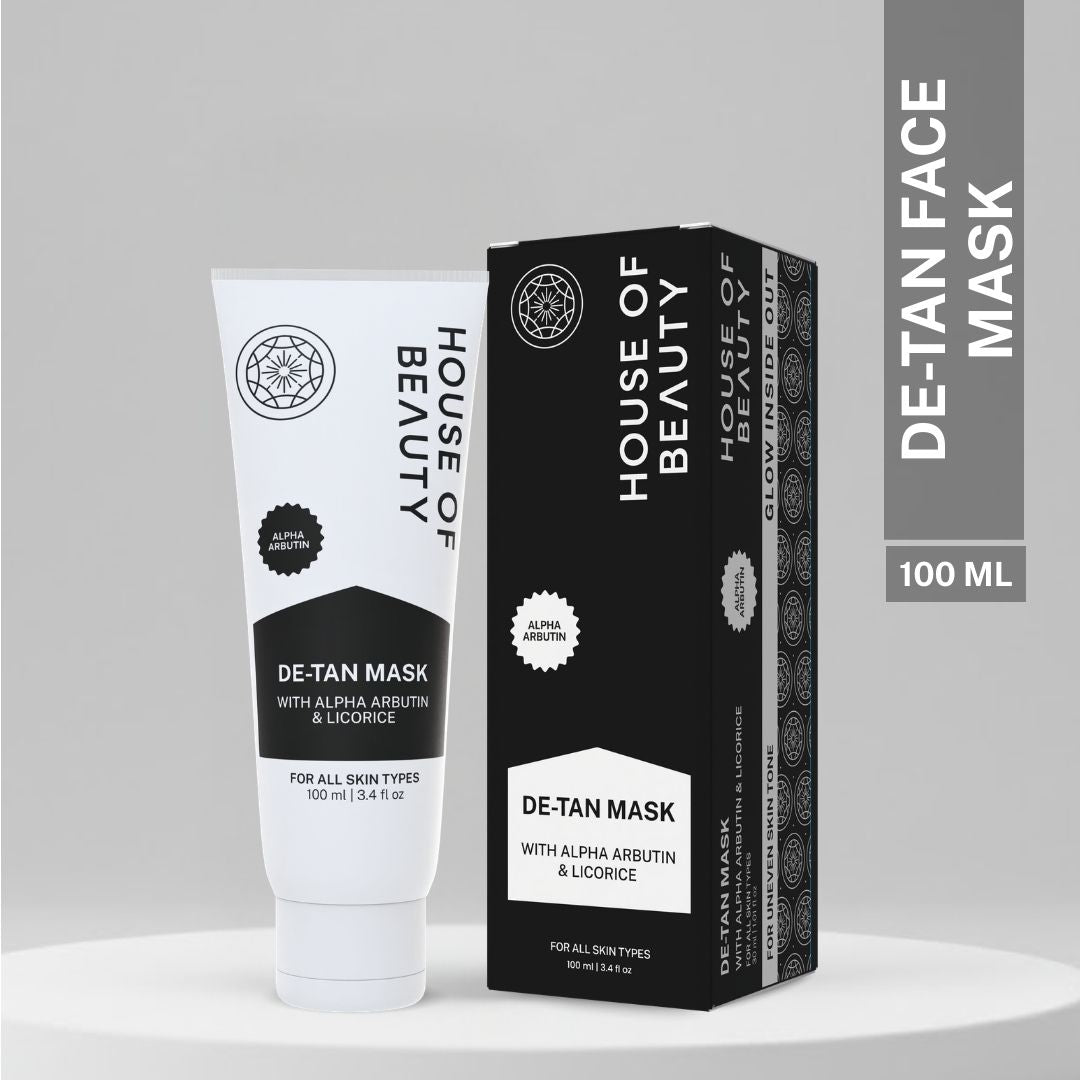 House of Beauty De-Tan Mask 100ml tube with outer box, enriched with alpha arbutin and licorice for uneven skin tone and pigmentation.