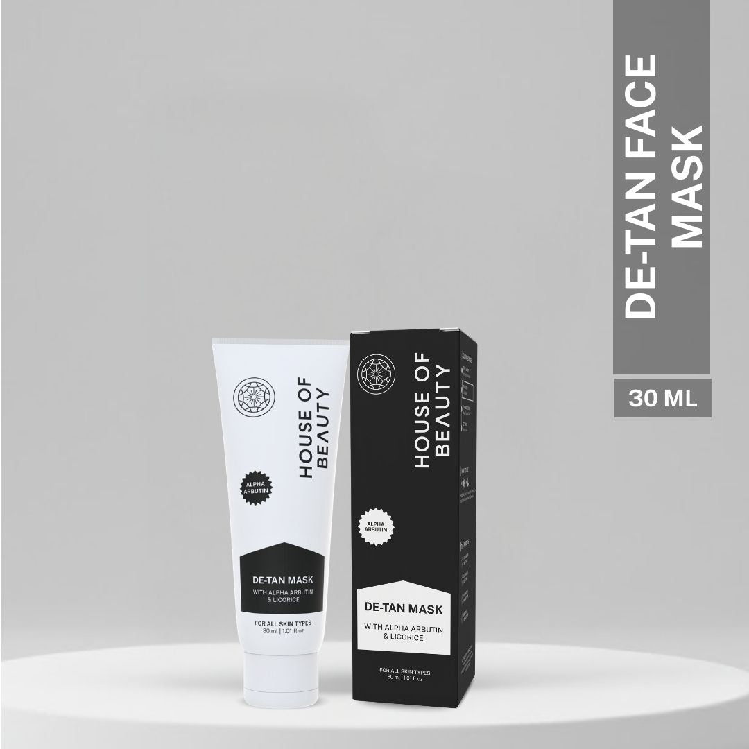 House of Beauty De-Tan Mask 30ml tube with packaging box, formulated with alpha arbutin and licorice for tan removal and brighter skin.