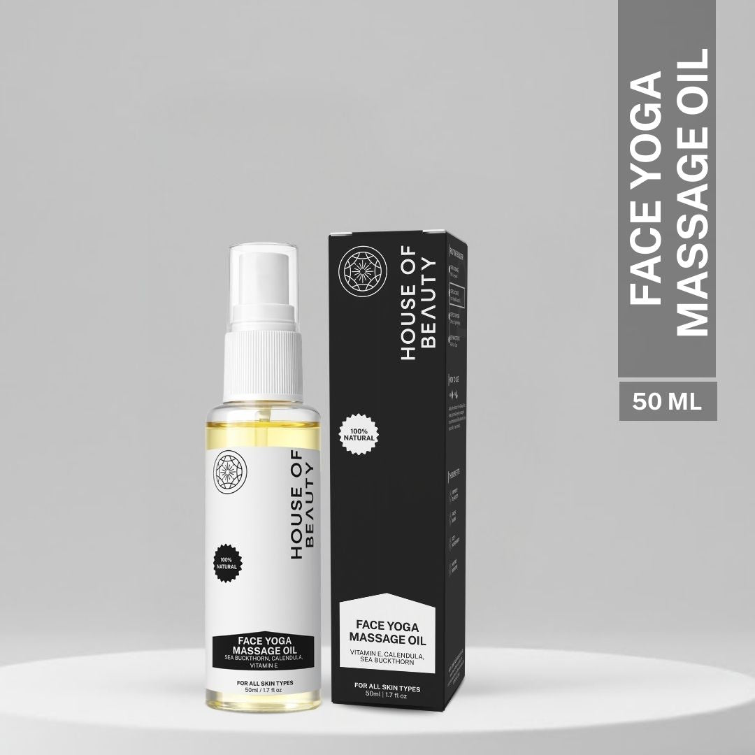 House of Beauty Face Yoga Massage Oil 50ml with sea buckthorn, calendula and vitamin E for facial massage and skin nourishment.