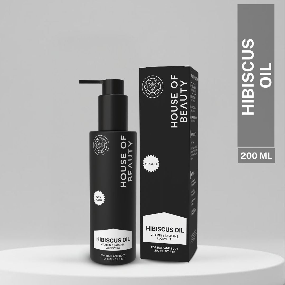 House of Beauty Hibiscus Oil 200ml with vitamin E, argan oil and aloe vera for hair growth, scalp nourishment and healthy hair.