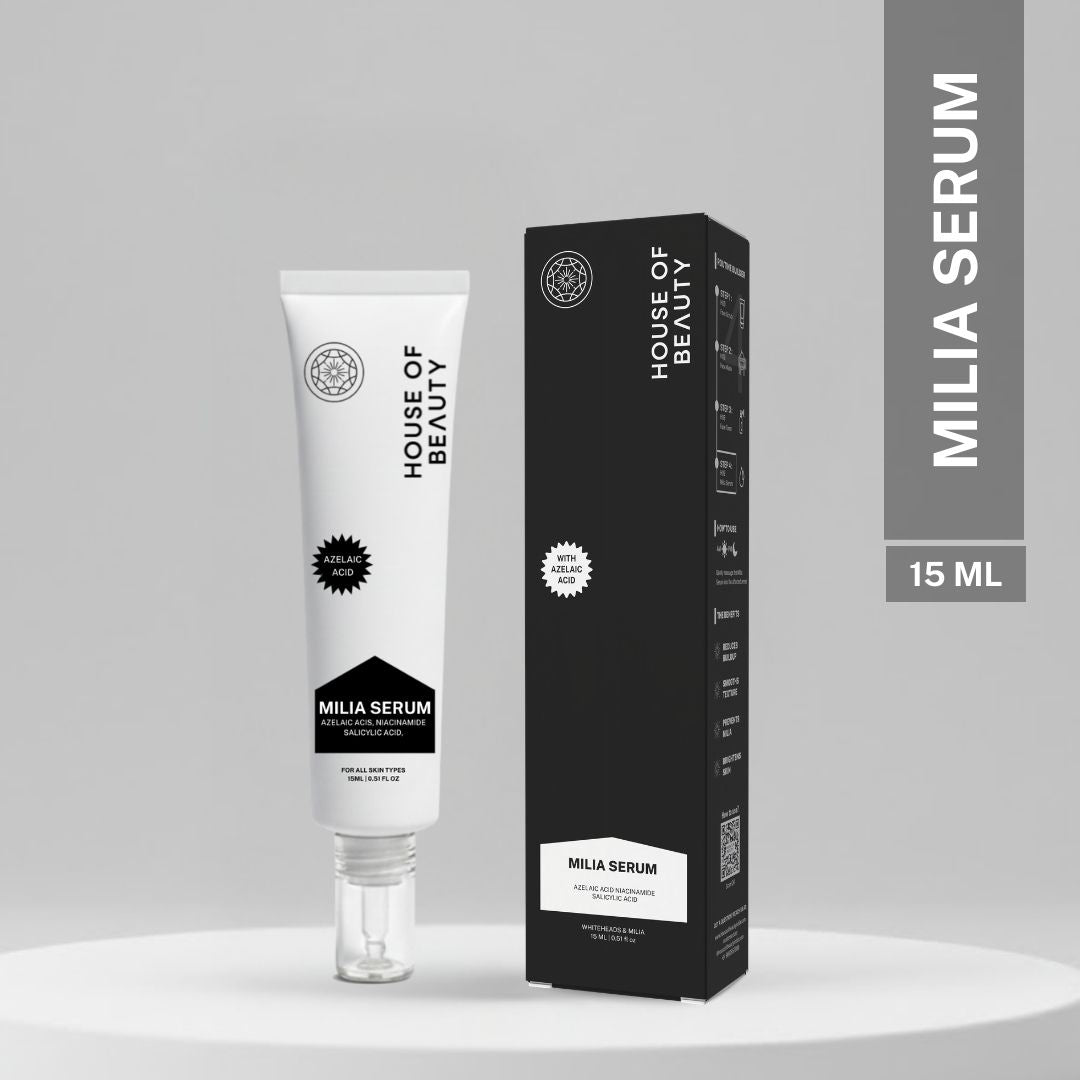 House of Beauty Milia Serum 15ml tube with outer box packaging, formulated with azelaic acid, niacinamide and salicylic acid for all skin types.