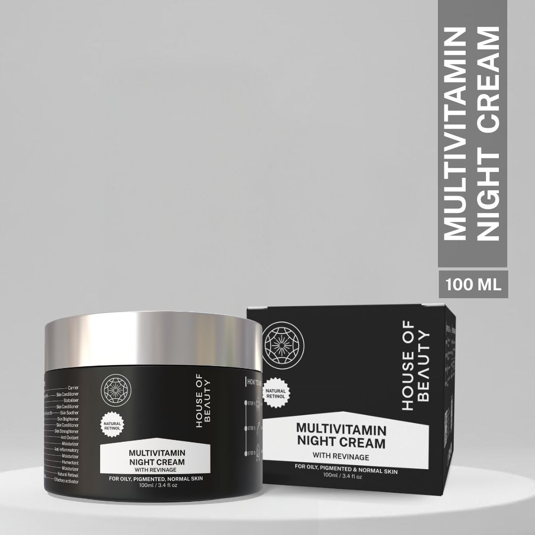 House of Beauty multivitamin night cream jar with Revinage natural retinol alternative for oily, pigmented and normal skin types.