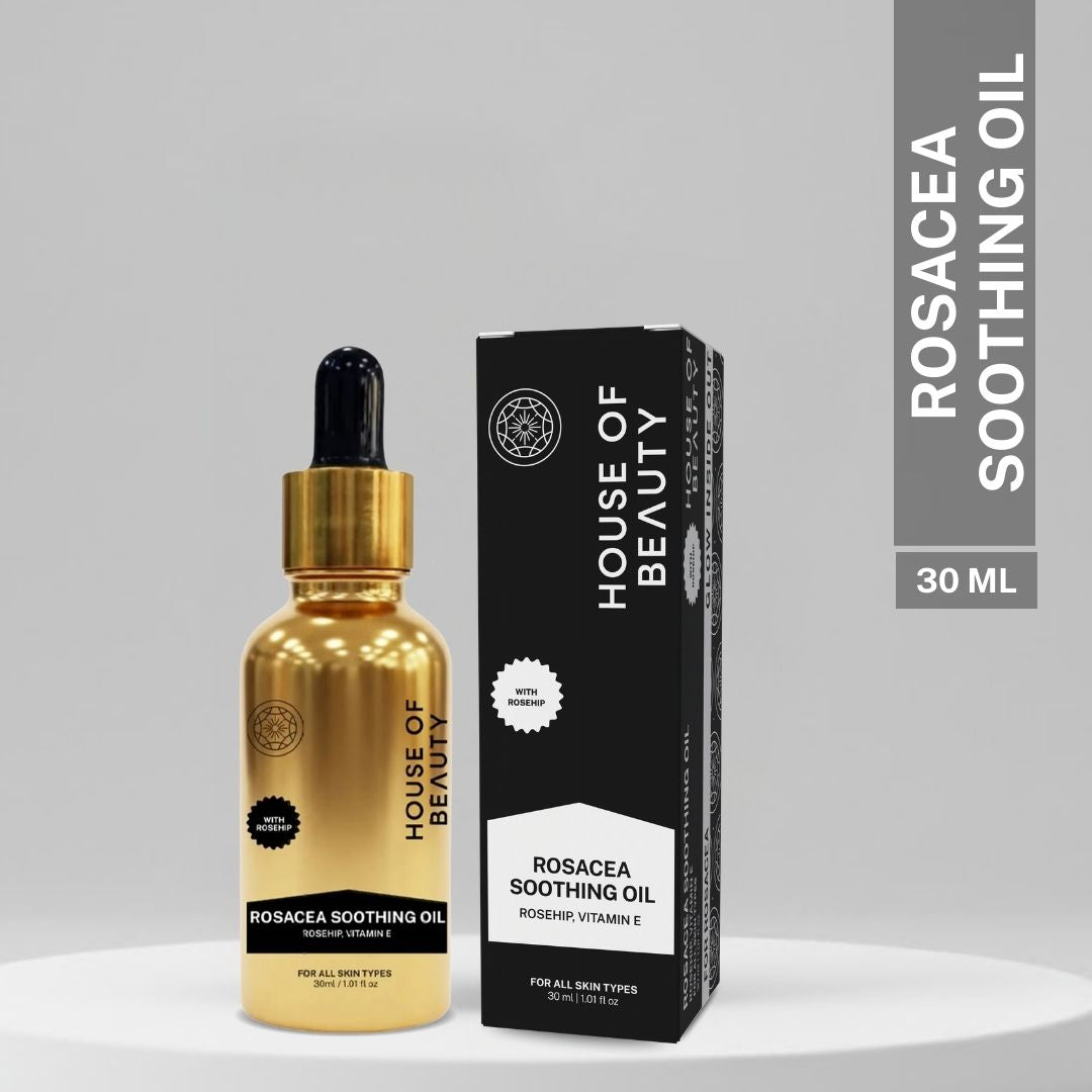 House of Beauty Rosacea Soothing Oil 30ml with rosehip seed oil and vitamin E for calming redness, soothing sensitive skin and rosacea care.