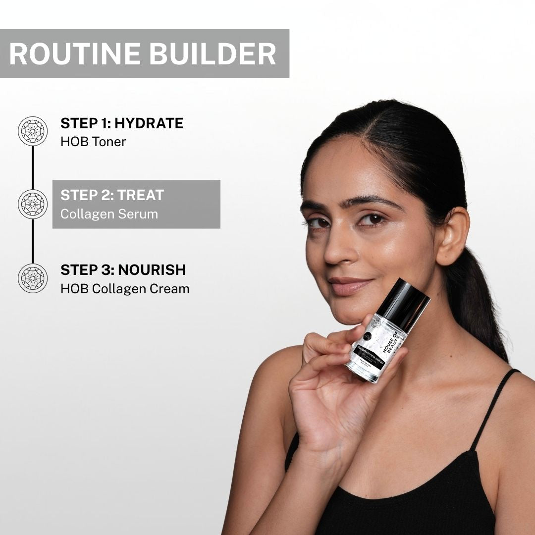 Woman holding House of Beauty Pigmentation Serum showing skincare routine steps including toner, collagen serum and collagen cream.