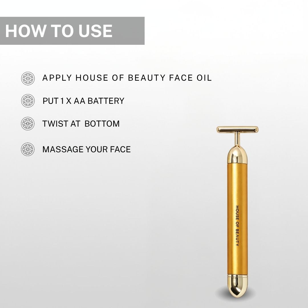 How to use House of Beauty 24K Face Massager – apply HOB Face Oil, put 1 AA battery, twist at bottom to switch on and massage your face in upward outward motion