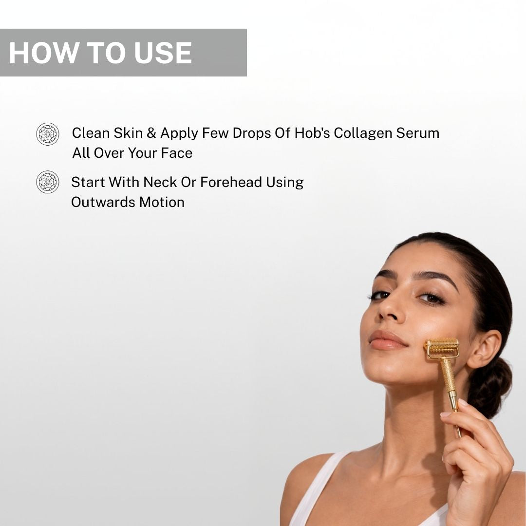 Woman using House of Beauty Gold Collagen Roller on face demonstrating how to clean skin, apply HOB Collagen Serum and start massaging from neck or forehead in outward motion