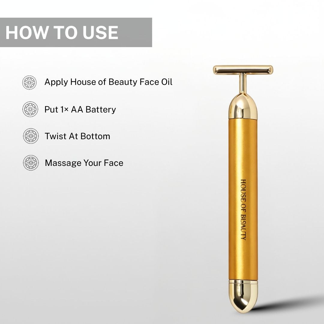 apply face oil insert battery and massage face using 24k face massager for lifting and glow