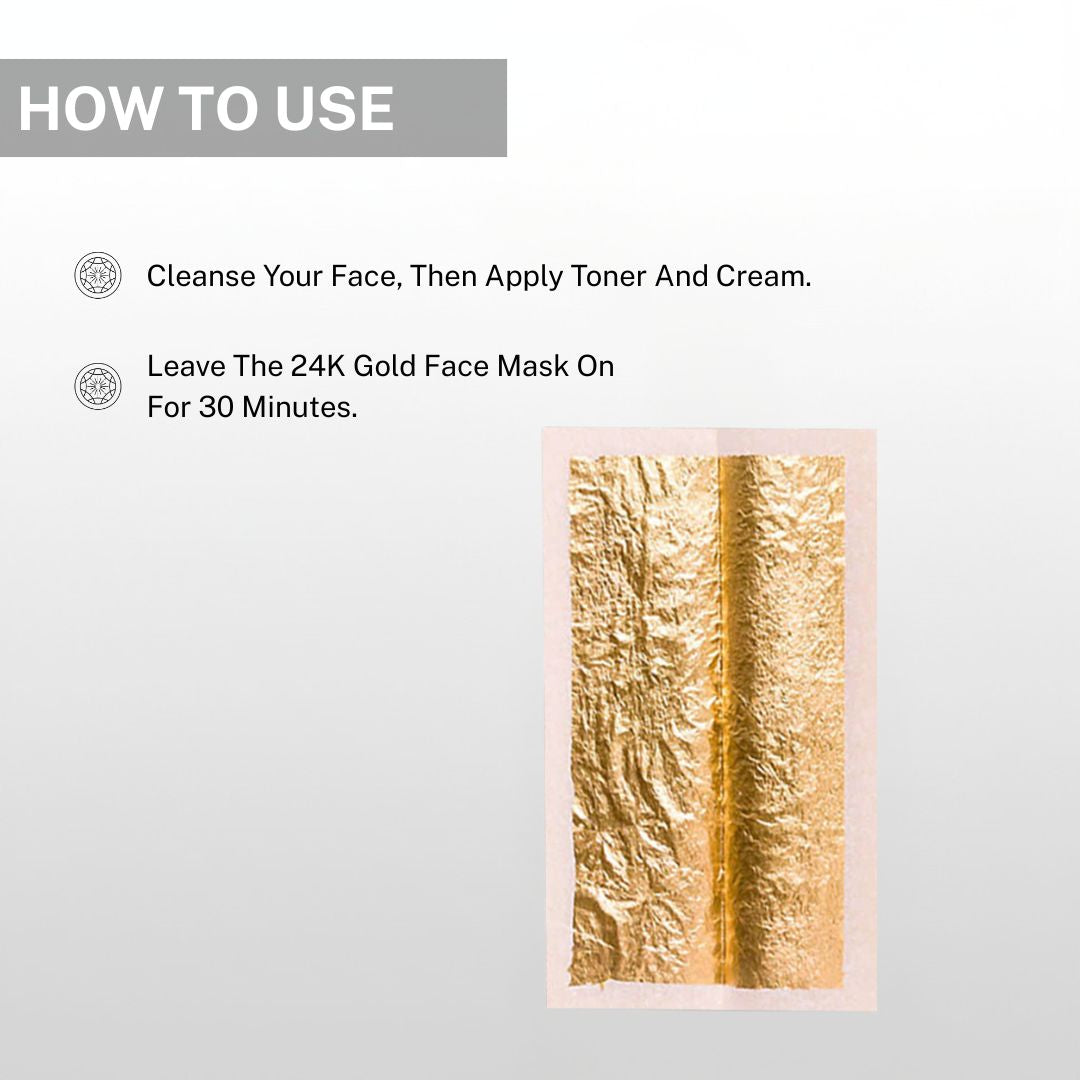 Instructions showing how to cleanse face, apply toner and cream and leave 24K gold face mask on for 30 minutes for glowing skin.