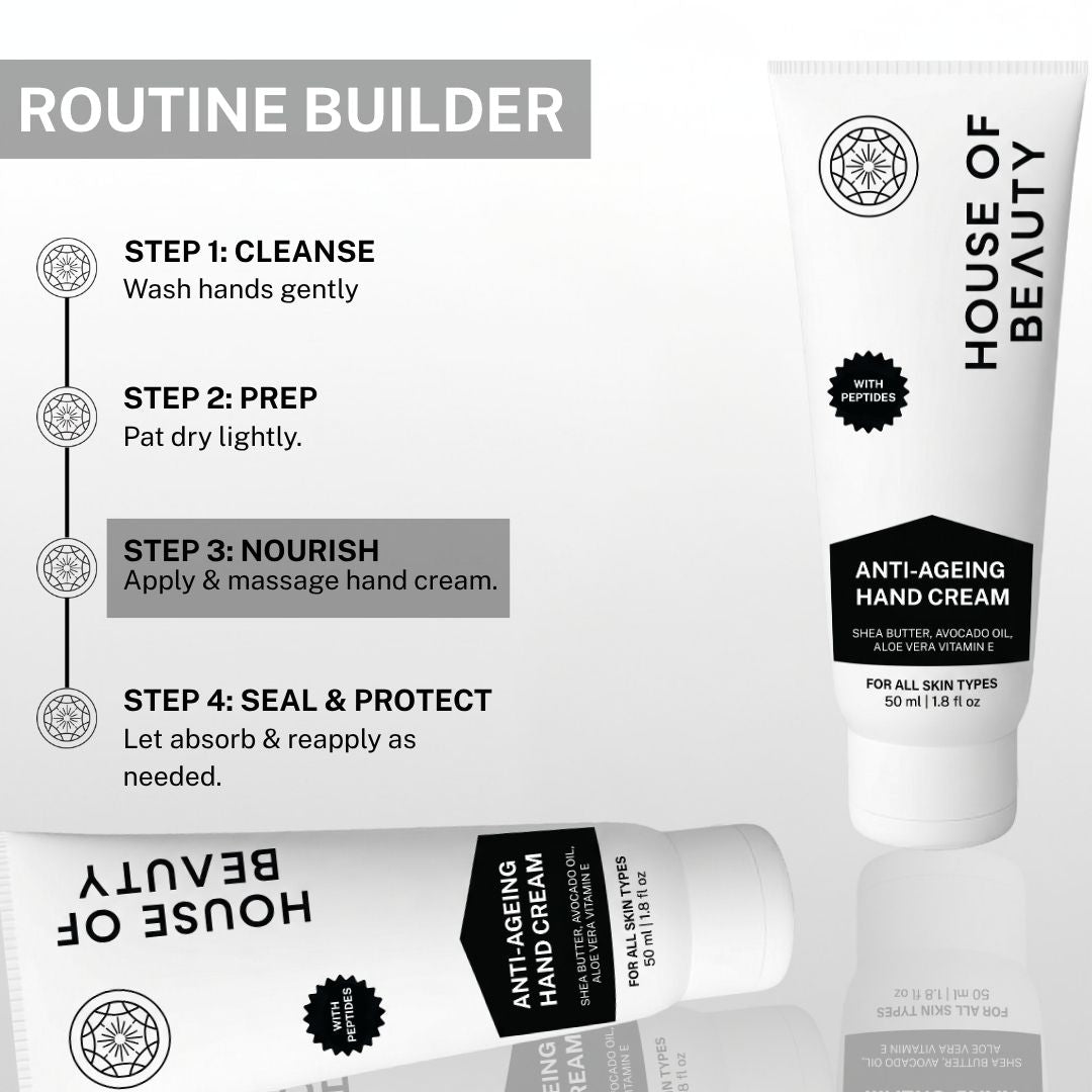 Step-by-step routine for using House of Beauty Anti-Ageing Hand Cream for soft, nourished, and protected hands.