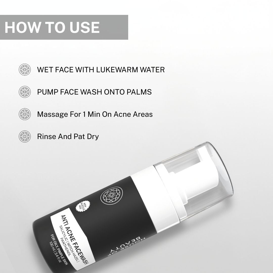 Instructions for using House of Beauty Anti Acne Facewash including wetting face with lukewarm water, pumping face wash onto palms, massaging for one minute on acne areas, and rinsing pat dry.