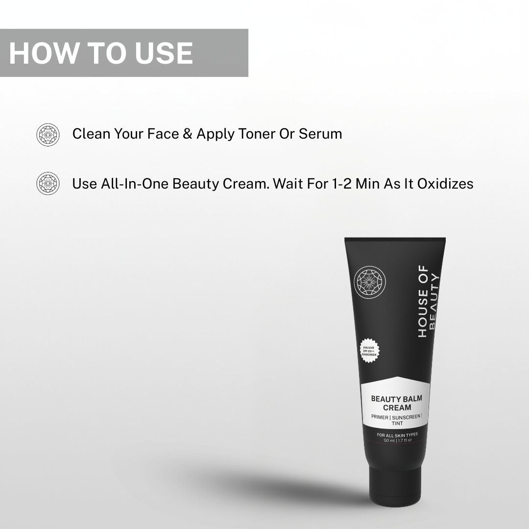 Instructions for using House of Beauty Beauty Balm Cream after cleansing and toner, apply evenly and wait 1–2 minutes before makeup.