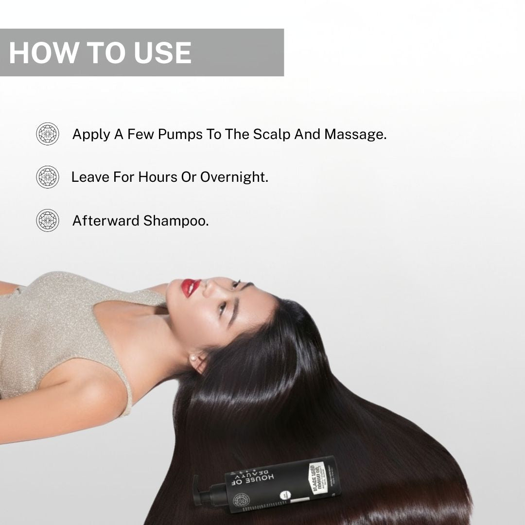 Instructions for using Black Seed Onion Hair Oil: apply a few pumps to scalp, massage, leave overnight and shampoo afterward.